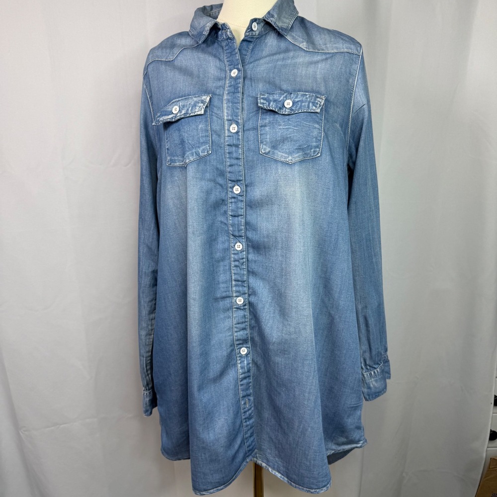 BD Collection Women Blue Tencel Cotton Denim Tunic Shirt Dress Pockets Large